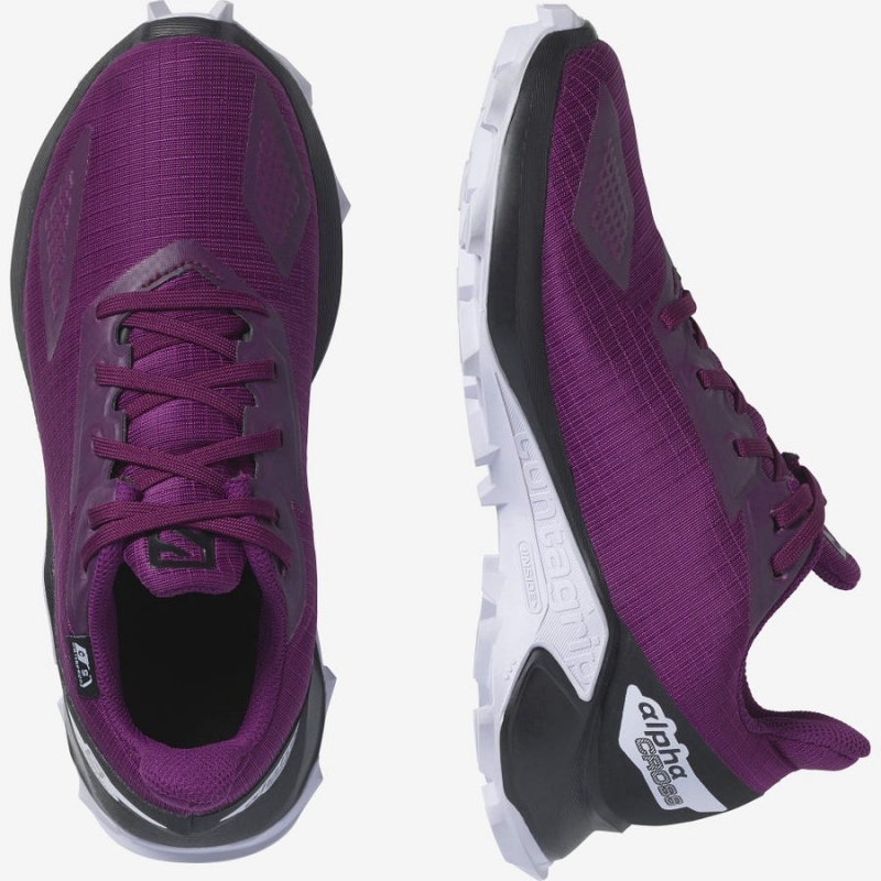 Kids' Salomon ALPHACROSS BLAST CLIMASALOMON™ WATERPROOF Trail Running Shoes Purple | IN3596UZG