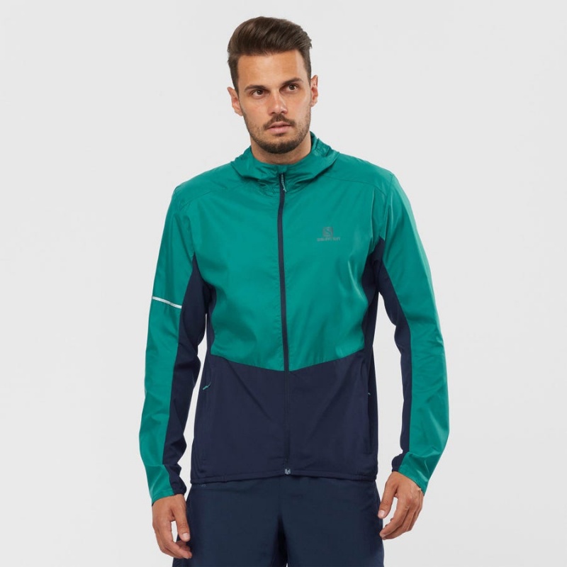 Men's Salomon AGILE WIND WINDBREAKERS Jackets Black / Green | IN2358JPQ