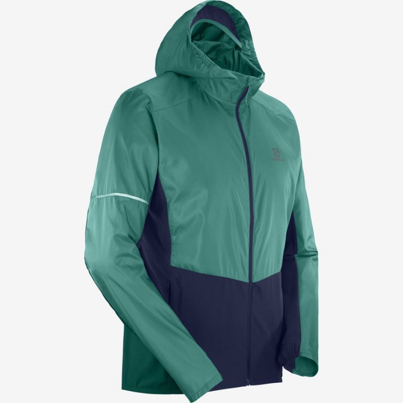 Men's Salomon AGILE WIND WINDBREAKERS Jackets Black / Green | IN2358JPQ