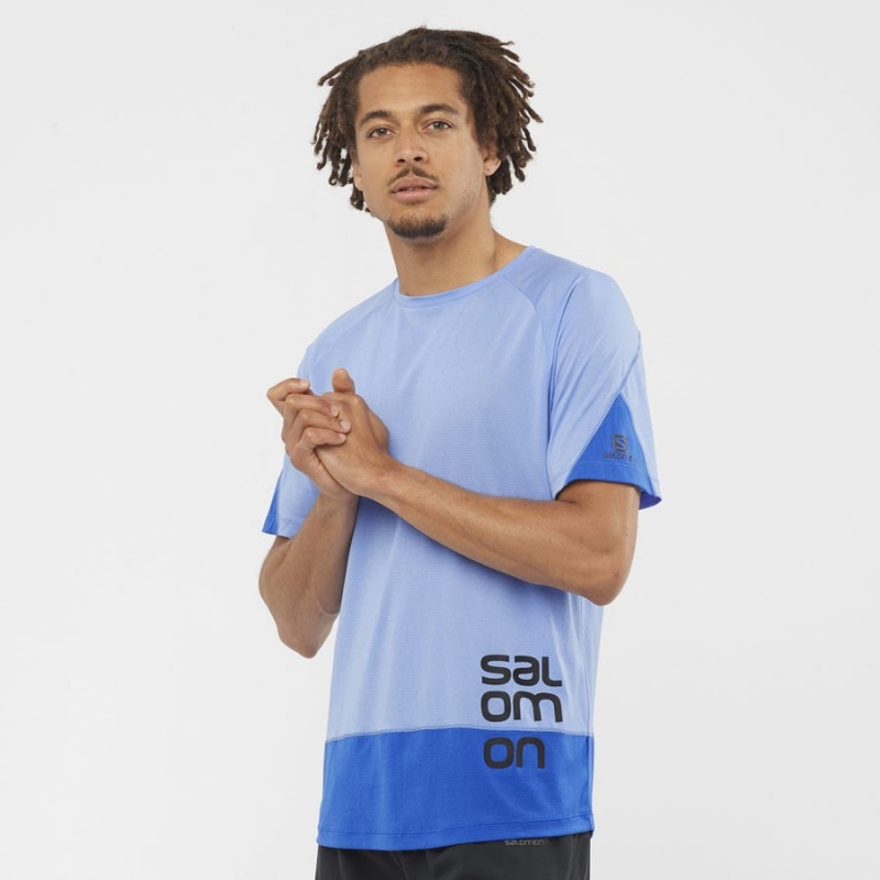 Men's Salomon CROSS RUN GRAPHIC T Shirts Blue | IN2399YXF