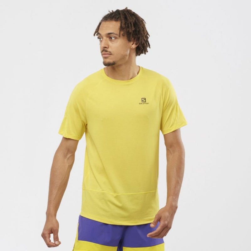 Men's Salomon CROSS RUN T Shirts Yellow | IN2396EBC