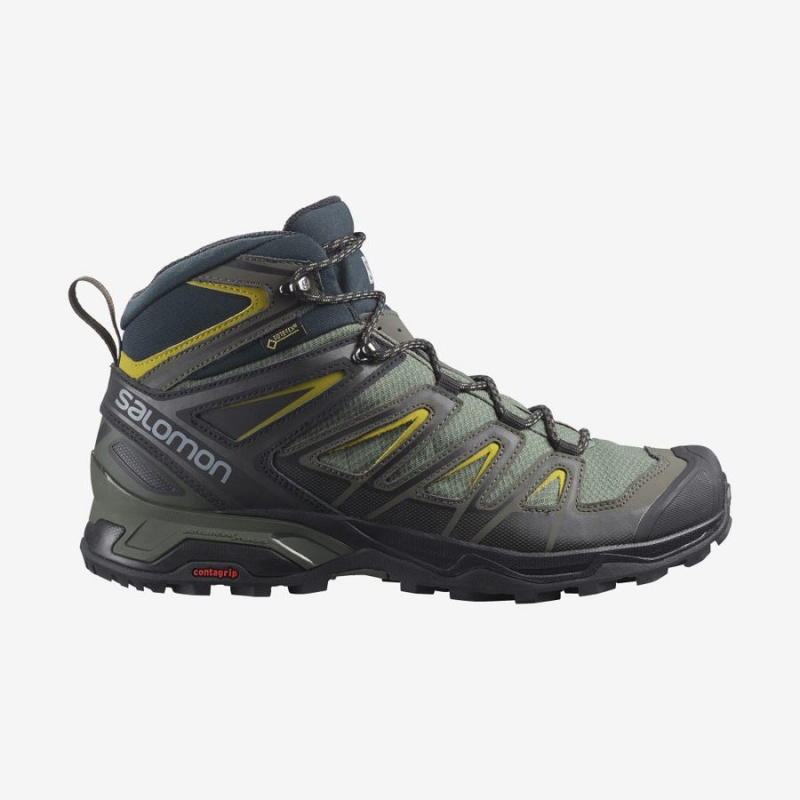 Men\'s Salomon X ULTRA 3 WIDE MID GORE-TEX Hiking Shoes Grey / Black / Green | IN2031LIS